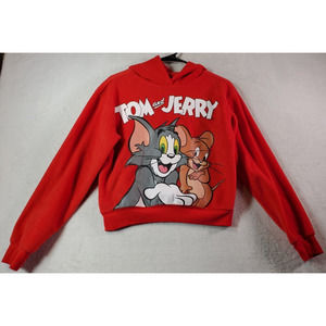 Tom & Jerry Hoodie Kids Small Red Fleece 100% Polyester‎ Raglan Sleeve Pullover
